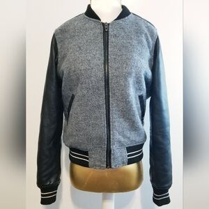 Blank NYC Gray and Black Wool Blend Faux Leather Varsity Style Bomber Jacket